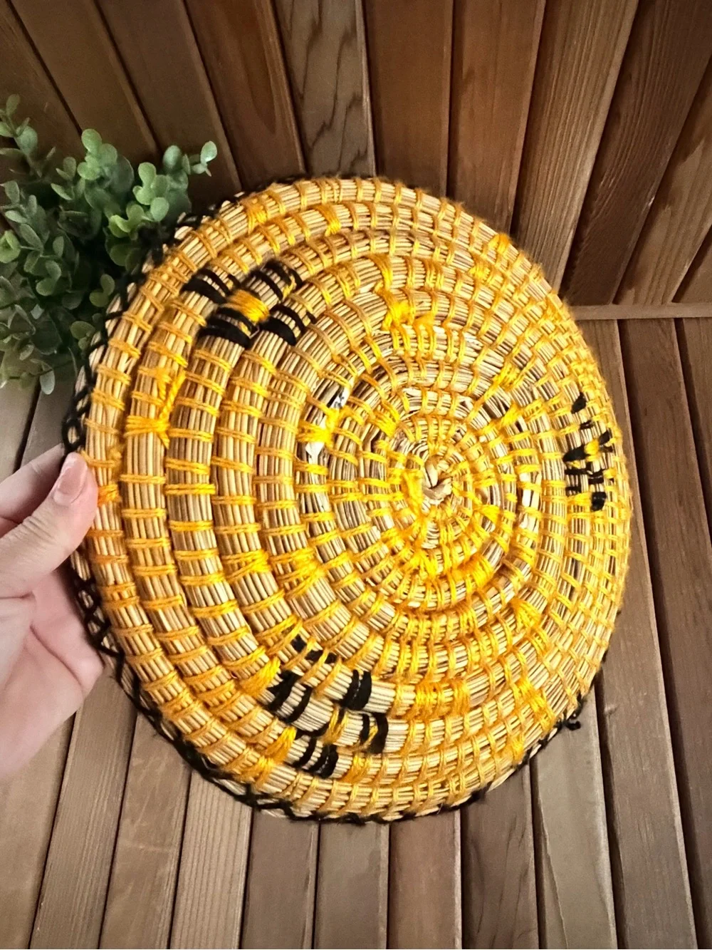 Handwoven Boho Lattice Border Wall Basket, Black + Golden Yellow Vintage-Style